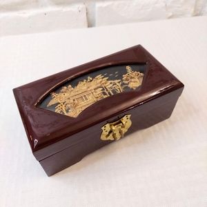 Vintage Handcarved Cork in Wood Laquered Jewelry Box Red Fabric Lined Chinese